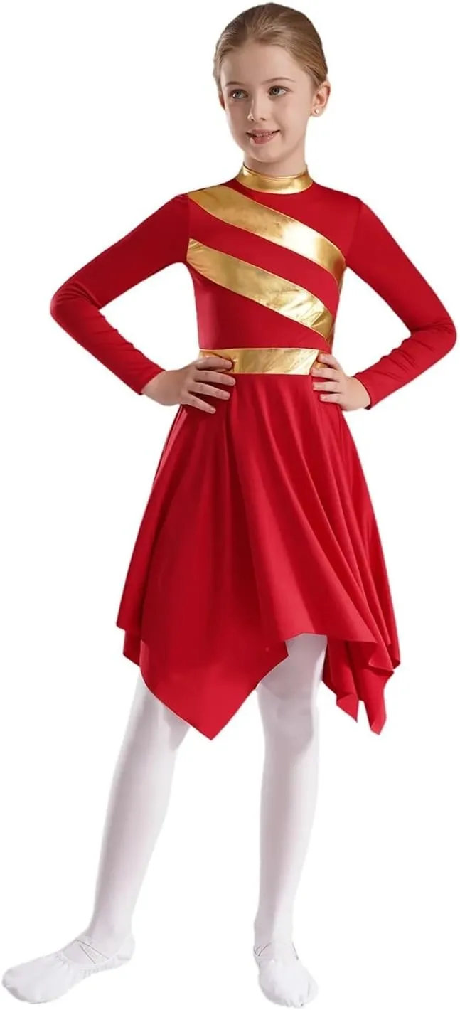 Praise Dance Dress Kids Girls Praise Lyrical Dance Dress Church Choir Worship Long Sleeve Asymmetrical Hem Gown