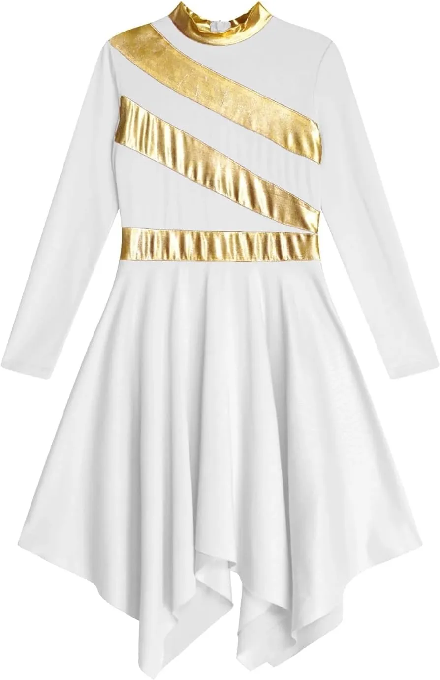 Praise Dance Dress Kids Girls Praise Lyrical Dance Dress Church Choir Worship Long Sleeve Asymmetrical Hem Gown