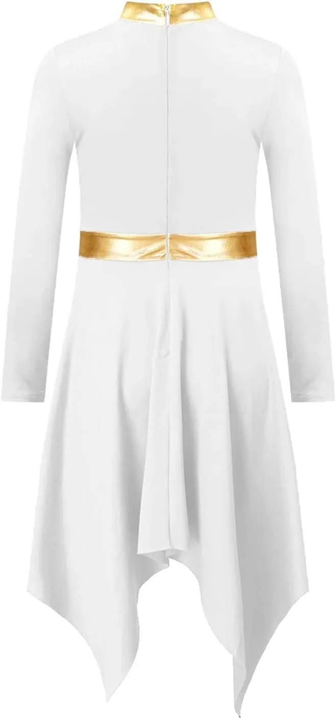 Praise Dance Dress Kids Girls Praise Lyrical Dance Dress Church Choir Worship Long Sleeve Asymmetrical Hem Gown