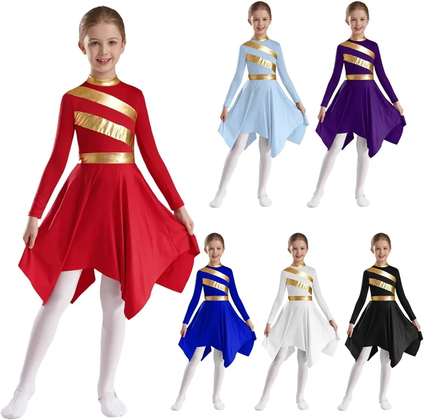 Praise Dance Dress Kids Girls Praise Lyrical Dance Dress Church Choir Worship Long Sleeve Asymmetrical Hem Gown