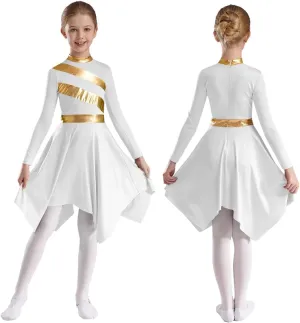 Praise Dance Dress Kids Girls Praise Lyrical Dance Dress Church Choir Worship Long Sleeve Asymmetrical Hem Gown