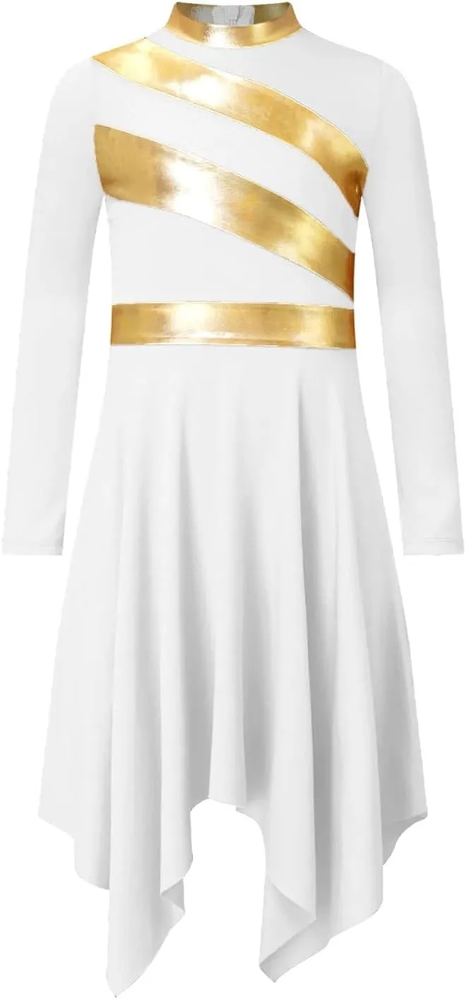 Praise Dance Dress Kids Girls Praise Lyrical Dance Dress Church Choir Worship Long Sleeve Asymmetrical Hem Gown
