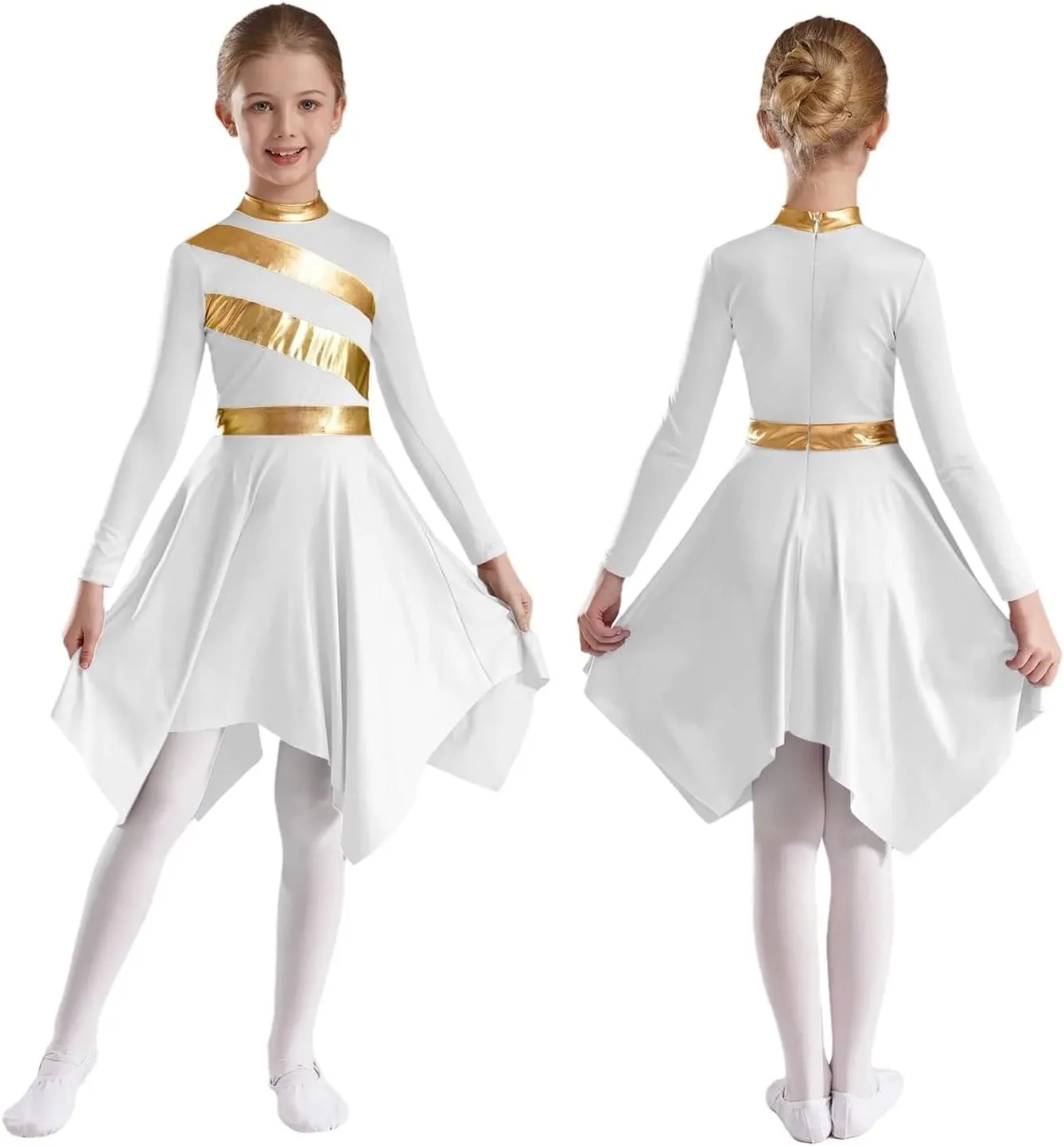 Praise Dance Dress Kids Girls Praise Lyrical Dance Dress Church Choir Worship Long Sleeve Asymmetrical Hem Gown