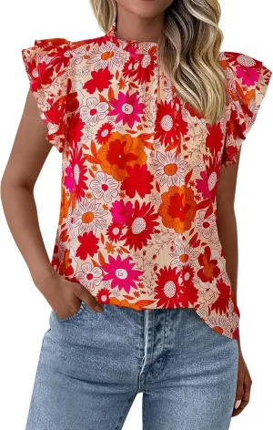 PRETTYGARDEN Women's Ruffle Short Sleeve Summer Tops 2025 Trendy Floral Trim Neck Casual Dressy Chiffon Boho Blouses Shirts