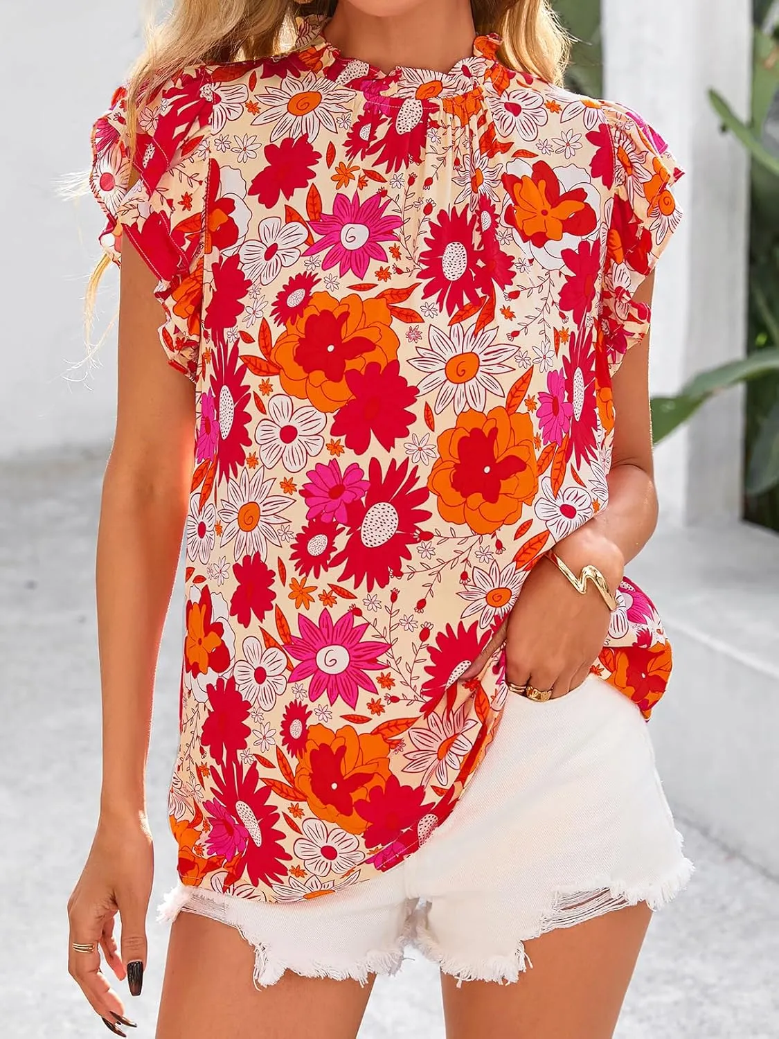 PRETTYGARDEN Women's Ruffle Short Sleeve Summer Tops 2025 Trendy Floral Trim Neck Casual Dressy Chiffon Boho Blouses Shirts