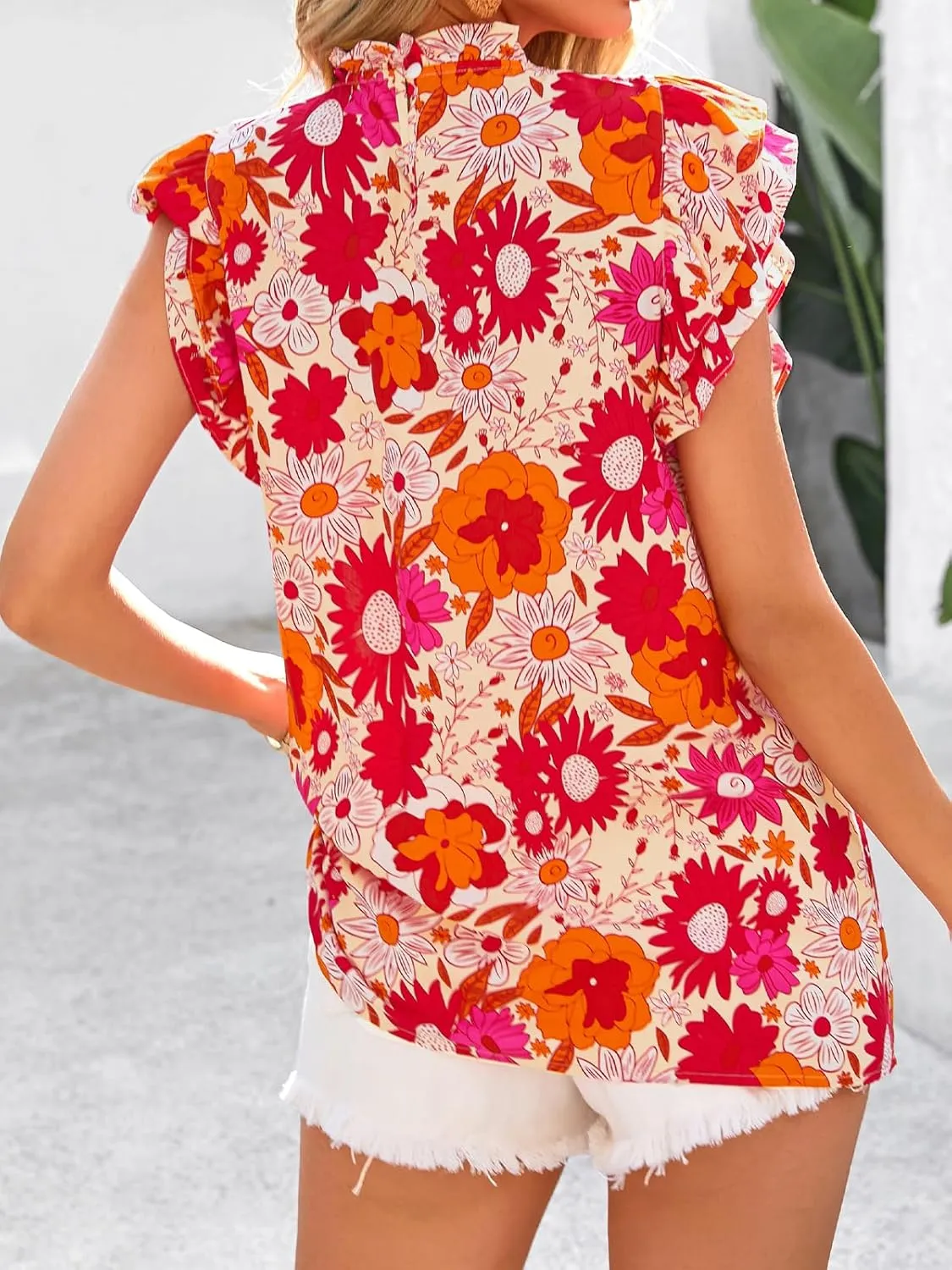 PRETTYGARDEN Women's Ruffle Short Sleeve Summer Tops 2025 Trendy Floral Trim Neck Casual Dressy Chiffon Boho Blouses Shirts
