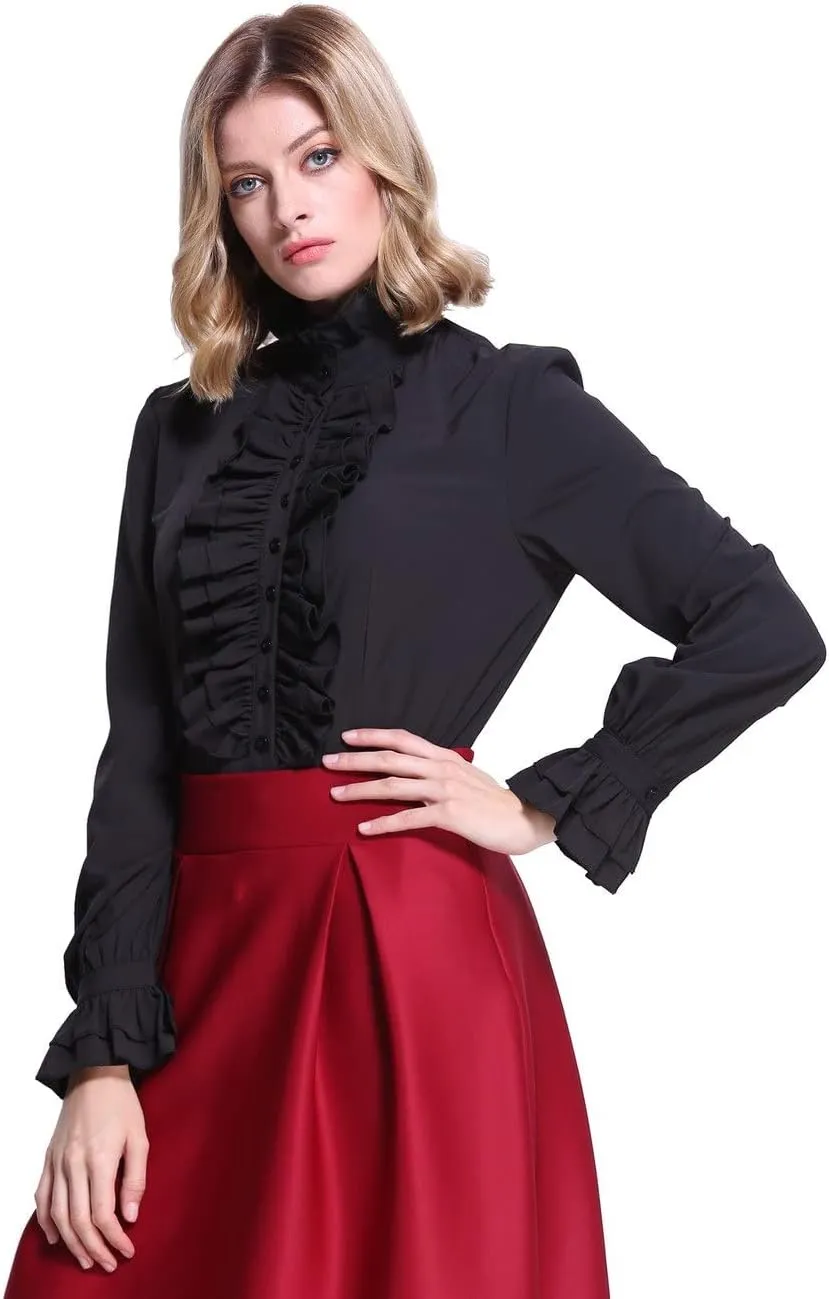 PrettyGuide Women's Victorian Blouse Retro Stand-Up Collar Lotus Ruffle Long Sleeve Gothic Shirt Tops
