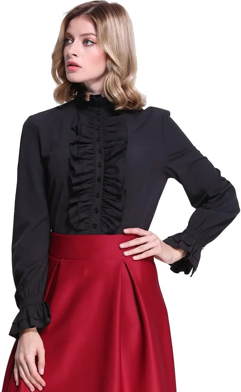 PrettyGuide Women's Victorian Blouse Retro Stand-Up Collar Lotus Ruffle Long Sleeve Gothic Shirt Tops