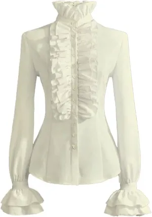 PrettyGuide Women's Victorian Blouse Retro Stand-Up Collar Lotus Ruffle Long Sleeve Gothic Shirt Tops
