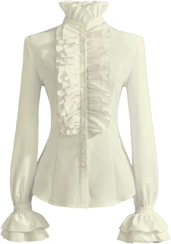 PrettyGuide Women's Victorian Blouse Retro Stand-Up Collar Lotus Ruffle Long Sleeve Gothic Shirt Tops