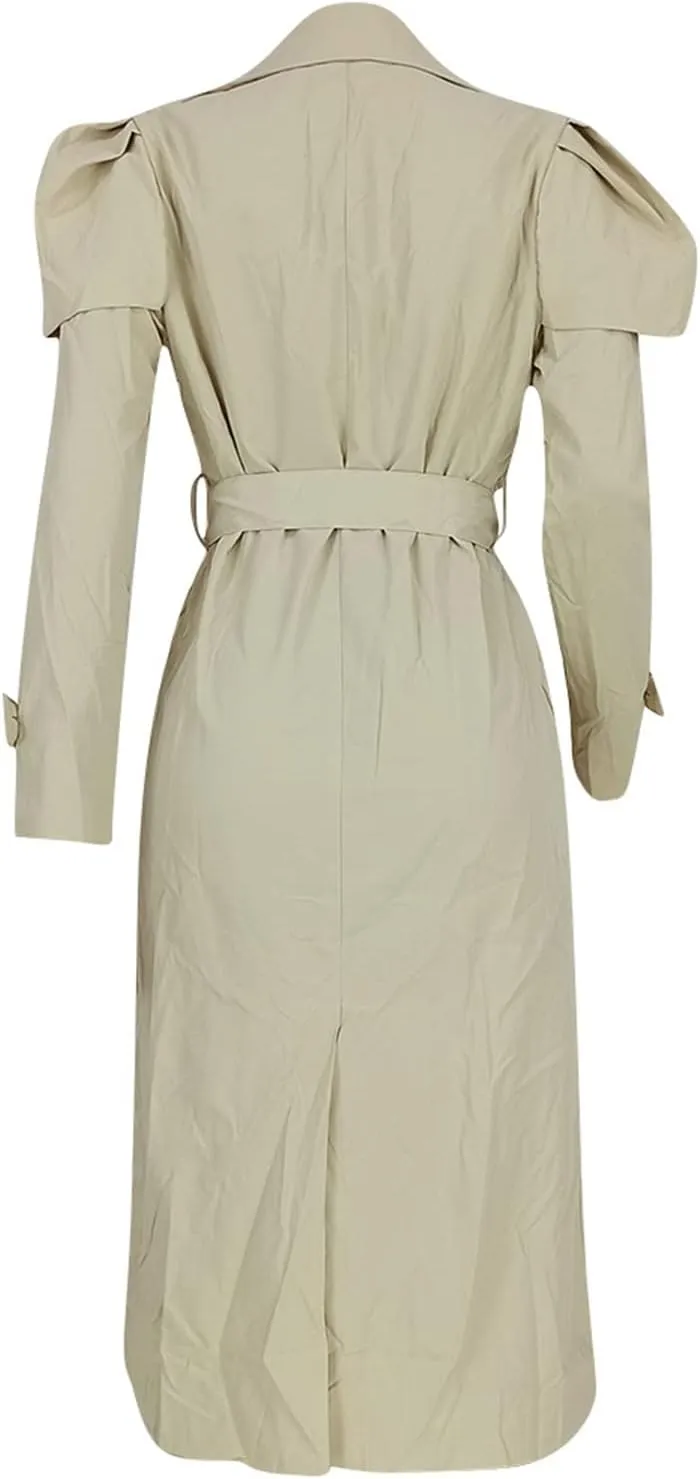 Qikaka Women's Long Ruffles Sleeve Lapel V Neck Double Breasted Trench Coat Lapel Overcoat Jacket with Belt