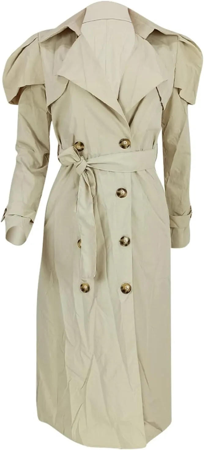Qikaka Women's Long Ruffles Sleeve Lapel V Neck Double Breasted Trench Coat Lapel Overcoat Jacket with Belt