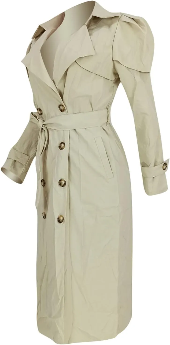 Qikaka Women's Long Ruffles Sleeve Lapel V Neck Double Breasted Trench Coat Lapel Overcoat Jacket with Belt