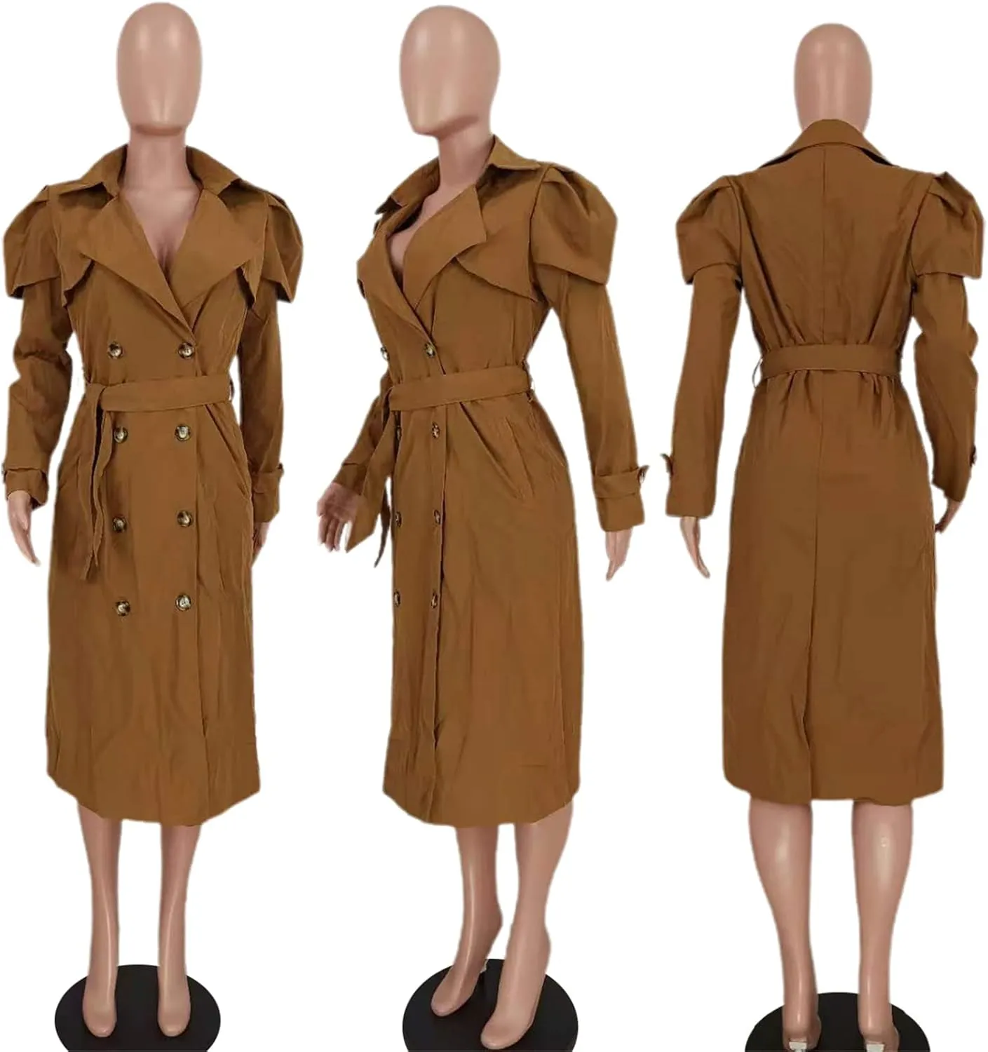Qikaka Women's Long Ruffles Sleeve Lapel V Neck Double Breasted Trench Coat Lapel Overcoat Jacket with Belt