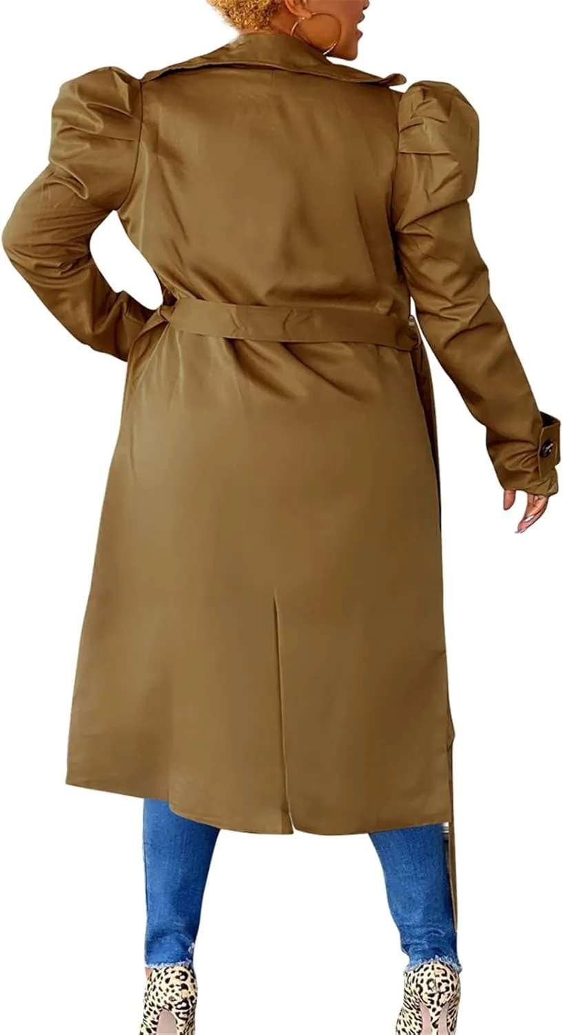 Qikaka Women's Long Ruffles Sleeve Lapel V Neck Double Breasted Trench Coat Lapel Overcoat Jacket with Belt
