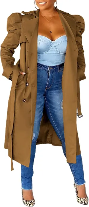Qikaka Women's Long Ruffles Sleeve Lapel V Neck Double Breasted Trench Coat Lapel Overcoat Jacket with Belt