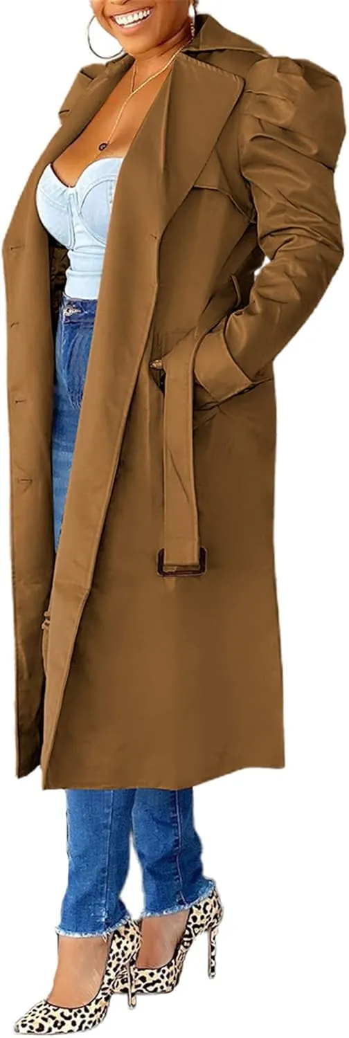 Qikaka Women's Long Ruffles Sleeve Lapel V Neck Double Breasted Trench Coat Lapel Overcoat Jacket with Belt