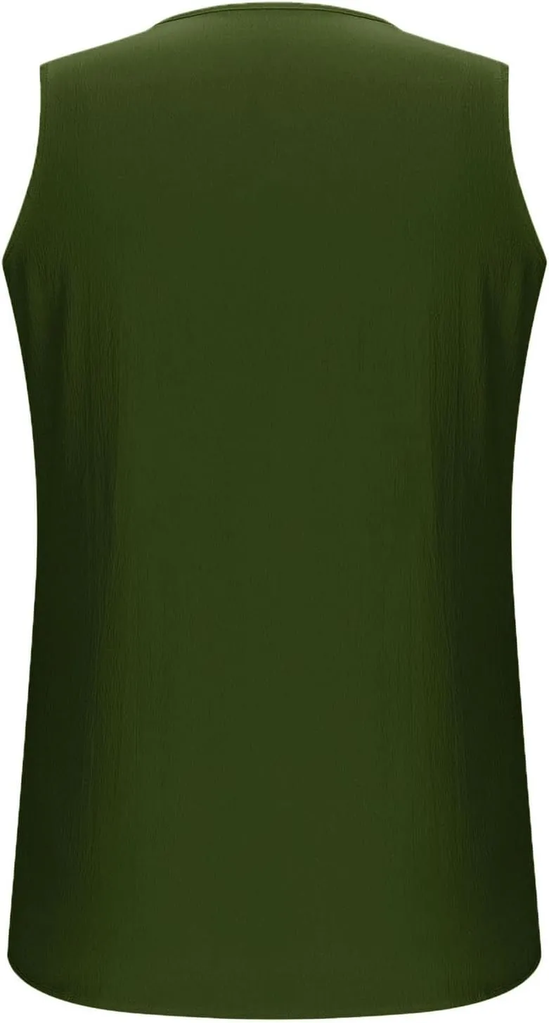 Retro Distressed Tank Tops for Women Fashion Pleated V Neck Sleeveless Tunic Shirts Casual Loose Fit Beach Blouses