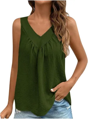 Retro Distressed Tank Tops for Women Fashion Pleated V Neck Sleeveless Tunic Shirts Casual Loose Fit Beach Blouses