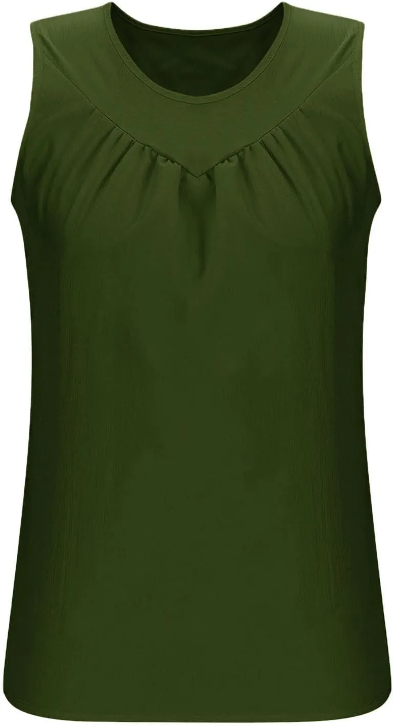 Retro Distressed Tank Tops for Women Fashion Pleated V Neck Sleeveless Tunic Shirts Casual Loose Fit Beach Blouses
