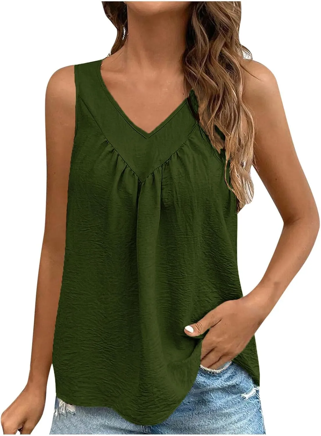 Retro Distressed Tank Tops for Women Fashion Pleated V Neck Sleeveless Tunic Shirts Casual Loose Fit Beach Blouses