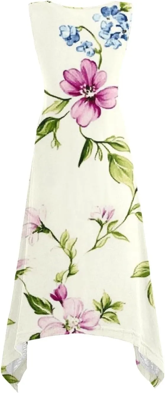 Ruziyoog Women's Boho Floral Print Maxi Dress Hankerchief Hem Tank Dresses Casual Summer Sleeveless Flowy Beach Sundress