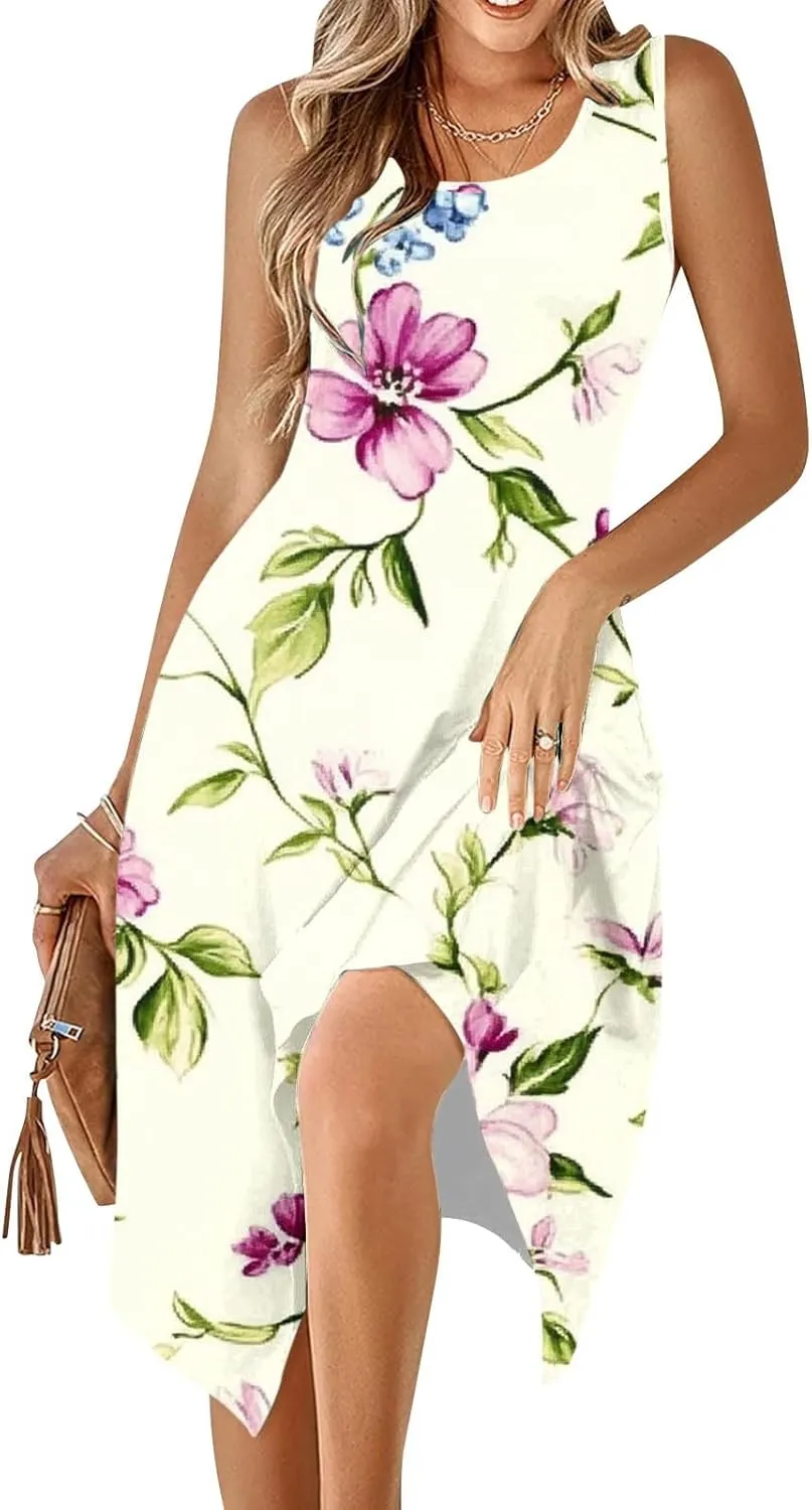 Ruziyoog Women's Boho Floral Print Maxi Dress Hankerchief Hem Tank Dresses Casual Summer Sleeveless Flowy Beach Sundress