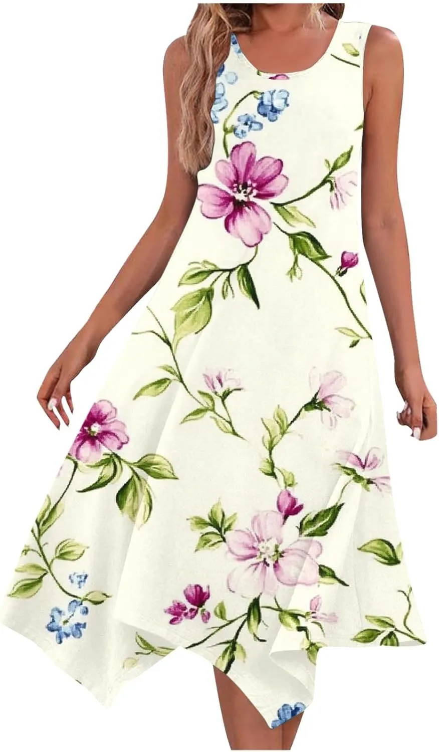 Ruziyoog Women's Boho Floral Print Maxi Dress Hankerchief Hem Tank Dresses Casual Summer Sleeveless Flowy Beach Sundress