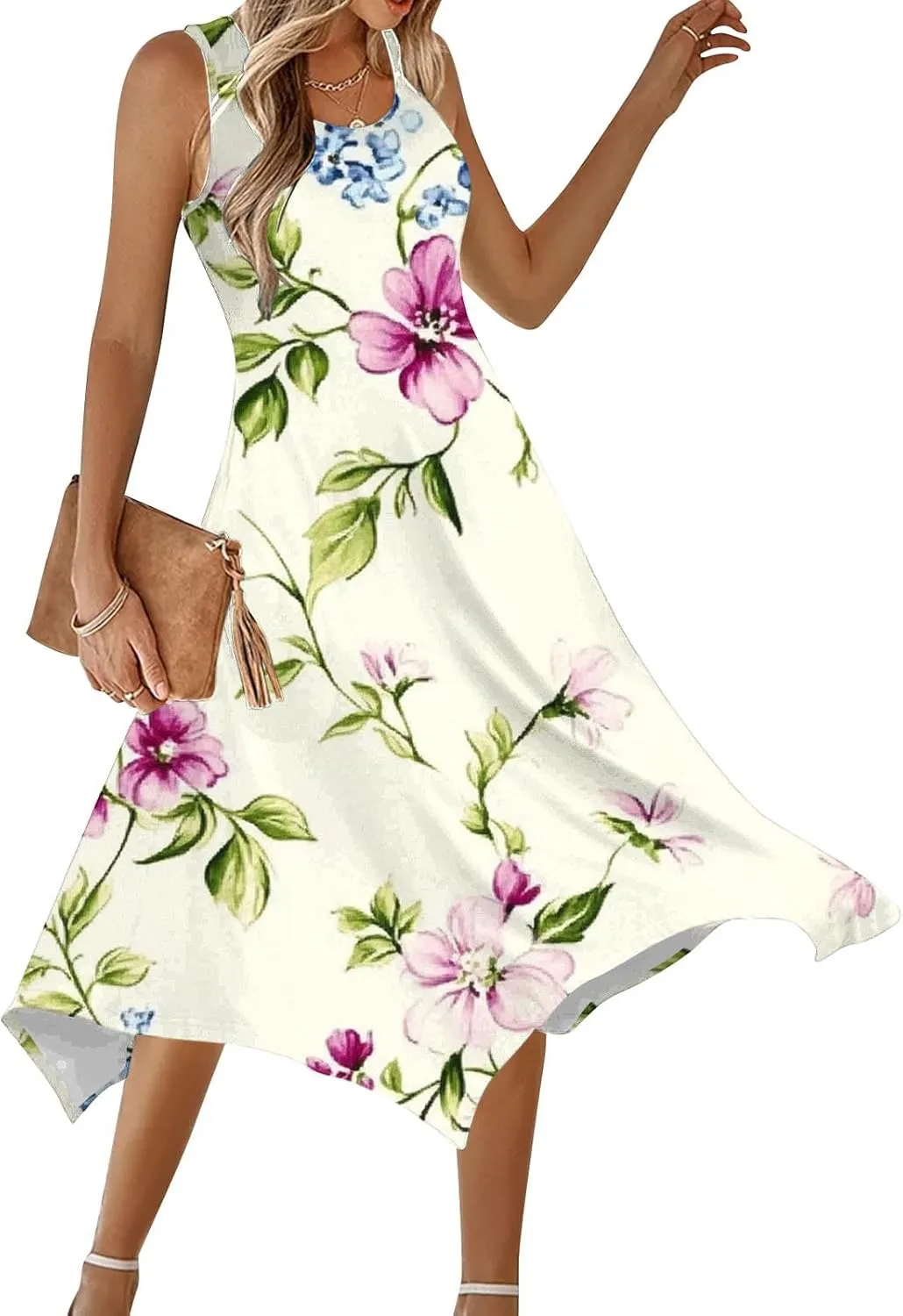Ruziyoog Women's Boho Floral Print Maxi Dress Hankerchief Hem Tank Dresses Casual Summer Sleeveless Flowy Beach Sundress