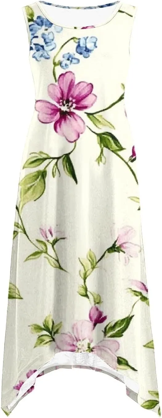 Ruziyoog Women's Boho Floral Print Maxi Dress Hankerchief Hem Tank Dresses Casual Summer Sleeveless Flowy Beach Sundress