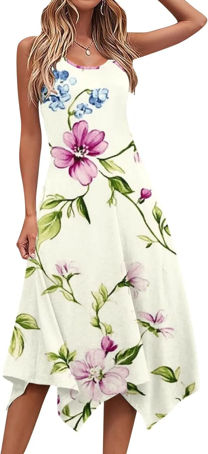 Ruziyoog Women's Boho Floral Print Maxi Dress Hankerchief Hem Tank Dresses Casual Summer Sleeveless Flowy Beach Sundress