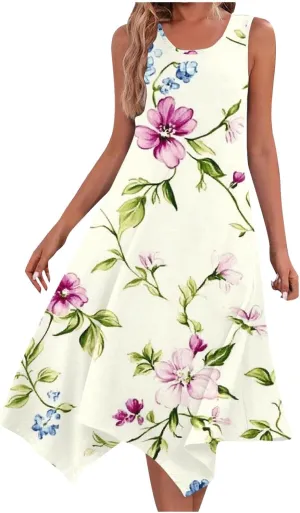 Ruziyoog Women's Boho Floral Print Maxi Dress Hankerchief Hem Tank Dresses Casual Summer Sleeveless Flowy Beach Sundress