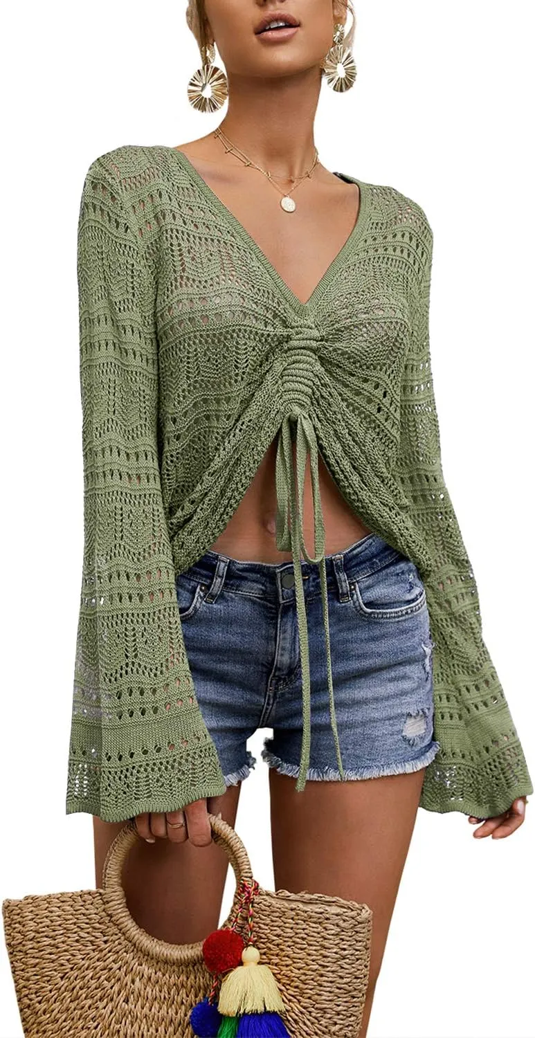 Saodimallsu Womens Boho Off Shoulder Sheer Crop Tops Bell Sleeve Flowy Oversized Crochet Ruched Pullover Sweaters