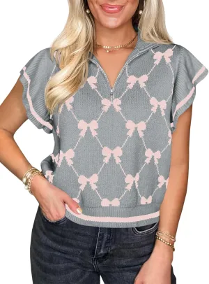 Saodimallsu Womens Ruffle Short Sleeve Knit Tops Summer Quarter Zip Cute Bow Print V Neck Collared Sweater Vest