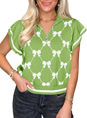 Saodimallsu Womens Ruffle Short Sleeve Knit Tops Summer Quarter Zip Cute Bow Print V Neck Collared Sweater Vest