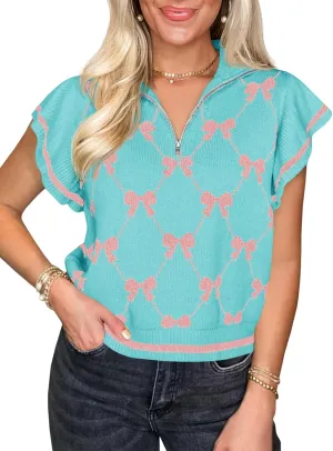 Saodimallsu Womens Ruffle Short Sleeve Knit Tops Summer Quarter Zip Cute Bow Print V Neck Collared Sweater Vest
