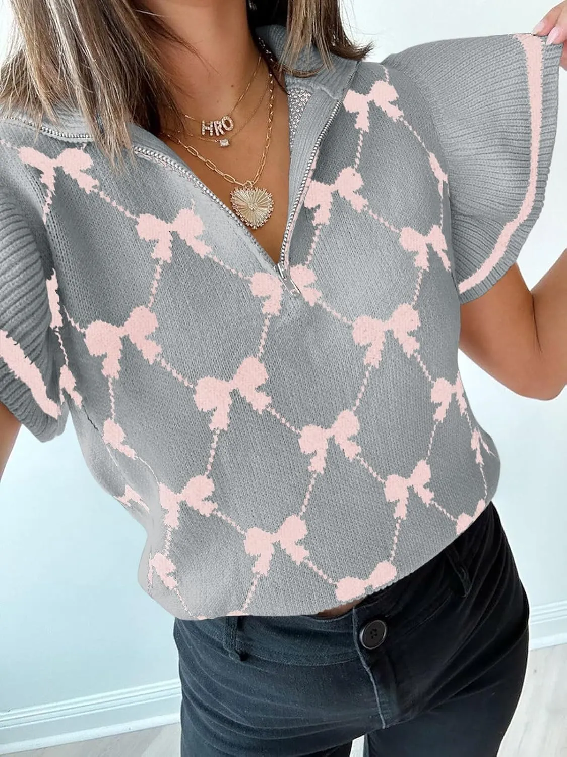 Saodimallsu Womens Ruffle Short Sleeve Knit Tops Summer Quarter Zip Cute Bow Print V Neck Collared Sweater Vest