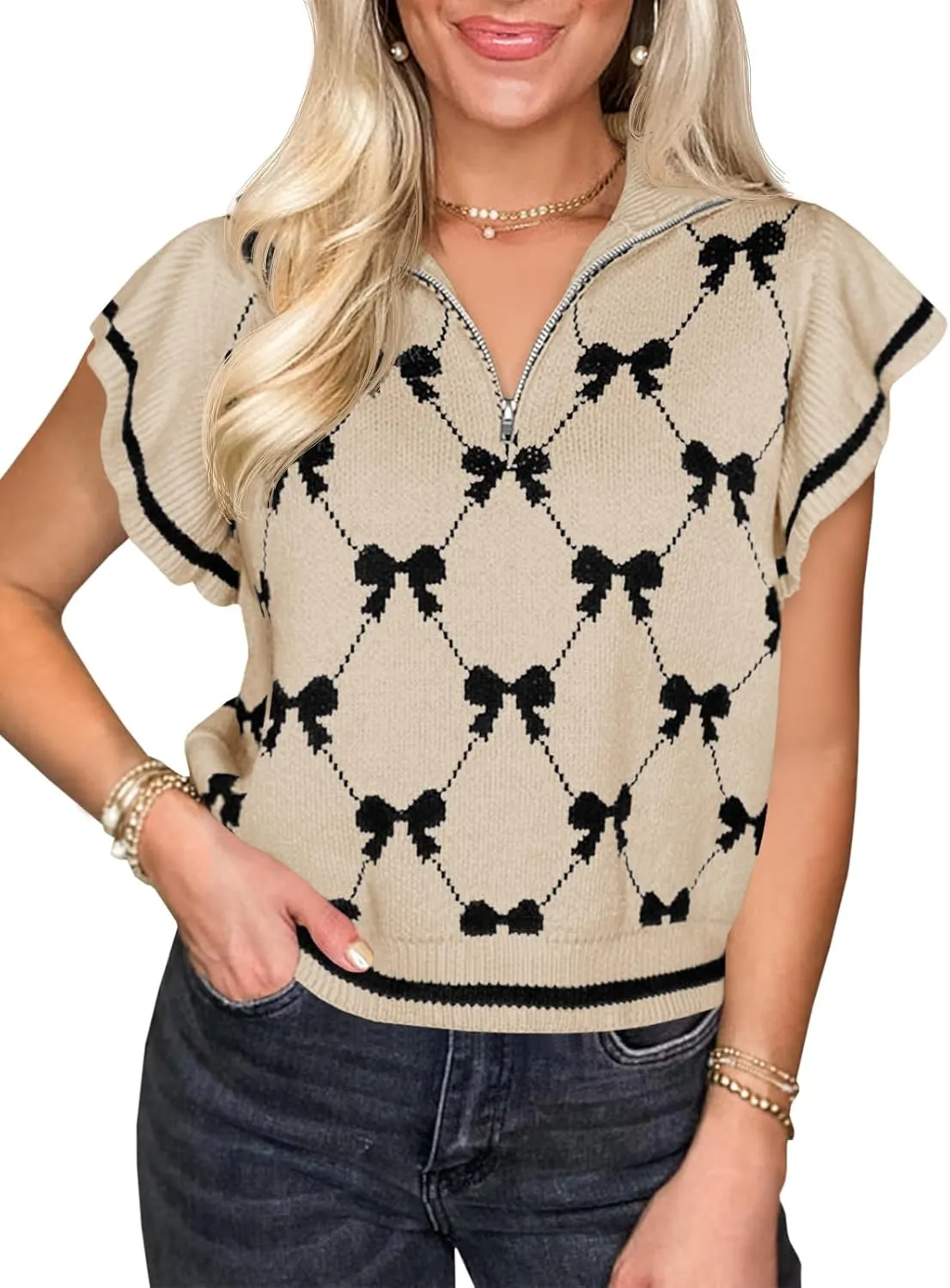 Saodimallsu Womens Ruffle Short Sleeve Knit Tops Summer Quarter Zip Cute Bow Print V Neck Collared Sweater Vest