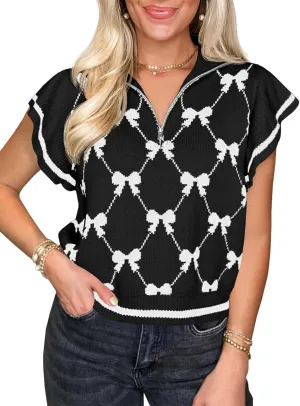 Saodimallsu Womens Ruffle Short Sleeve Knit Tops Summer Quarter Zip Cute Bow Print V Neck Collared Sweater Vest
