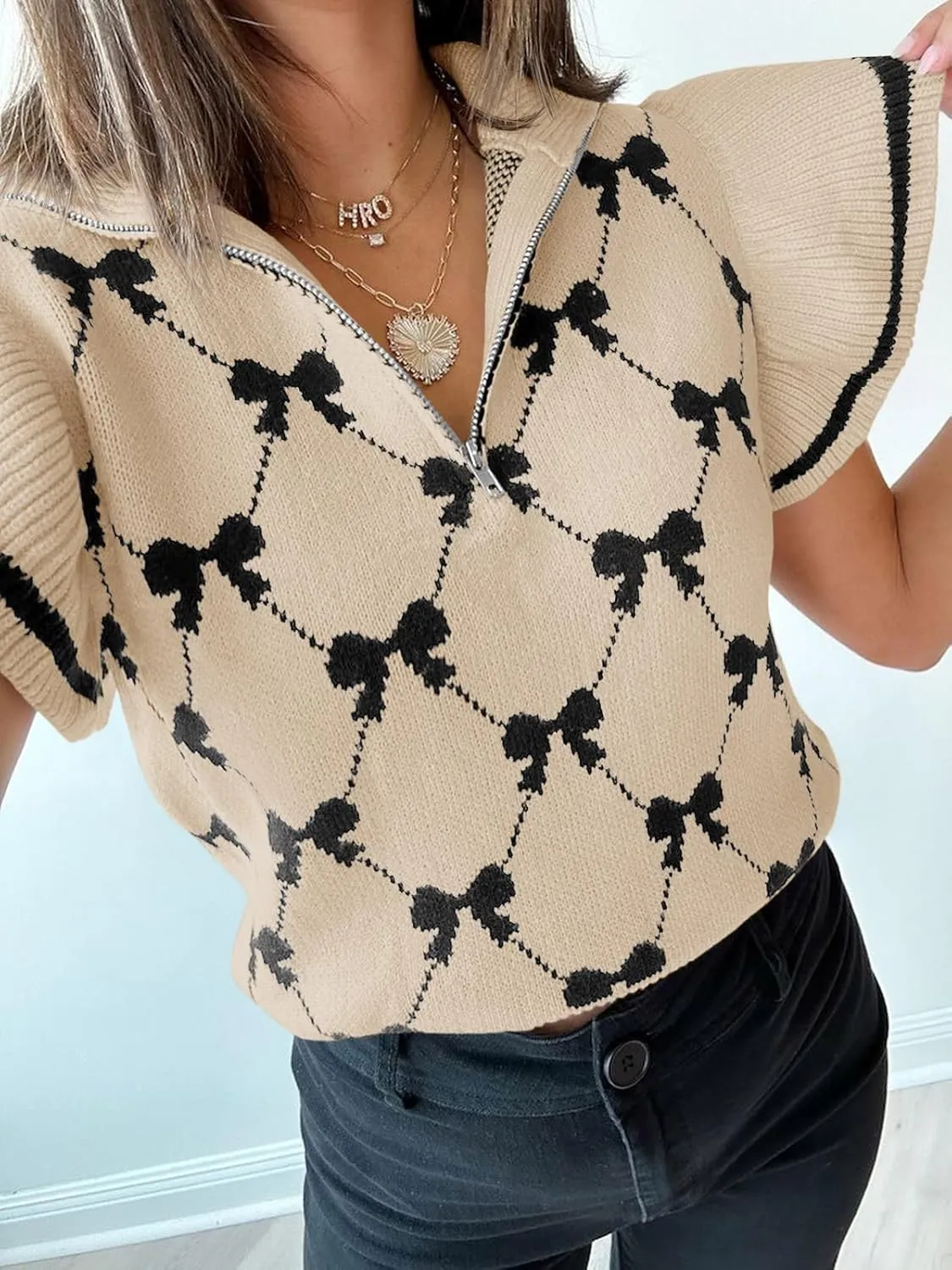 Saodimallsu Womens Ruffle Short Sleeve Knit Tops Summer Quarter Zip Cute Bow Print V Neck Collared Sweater Vest