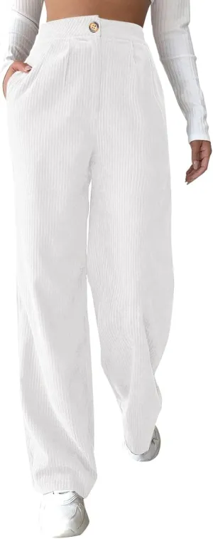 sdbrld Corduroy Pants Women Elastic Waist Fall Vintage High Waist Straight Wide Leg Pants Winter Lounge Pants with Pockets
