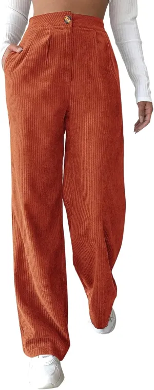 sdbrld Vintage Corduroy Pants for Women Elastic High Waisted Straight Leg Pants Fall Winter Lounge Work Trousers with Pockets