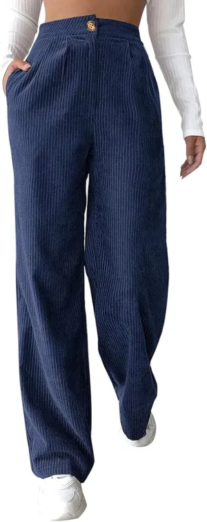 sdbrld Vintage Corduroy Pants for Women Elastic High Waisted Straight Leg Pants Fall Winter Lounge Work Trousers with Pockets