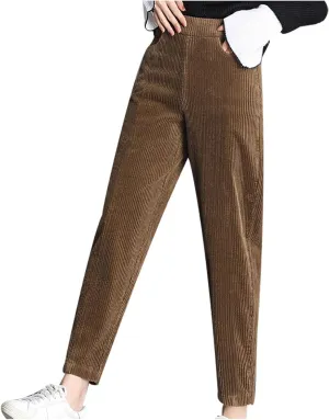 sdbrld Vintage Corduroy Pants for Women Elastic High Waisted Straight Leg Pants Fall Winter Lounge Work Trousers with Pockets