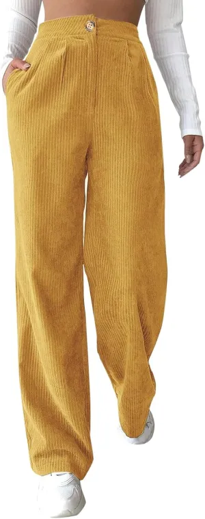 sdbrld Vintage Corduroy Pants for Women Elastic High Waisted Straight Leg Pants Fall Winter Lounge Work Trousers with Pockets