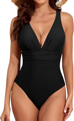 SELINK Women's Sexy V Neck One Piece Swimsuit Backless Ruched High Cut Monokini Tummy Control Bathing Suits