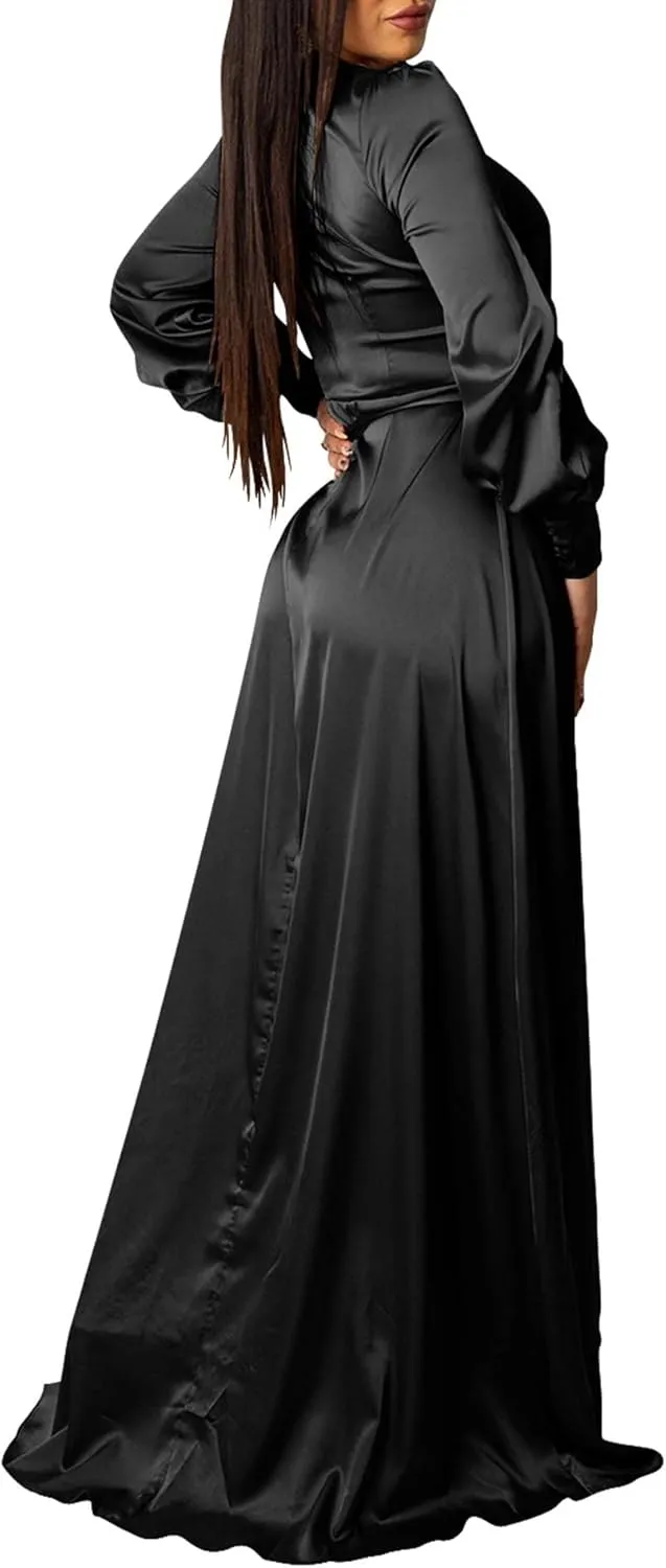 SEMATOMALA Women's Satin Wrap V Neck Puff Long Sleeve Maxi High Slit Party Dress Elegant Irregular Cocktail Evening Gown