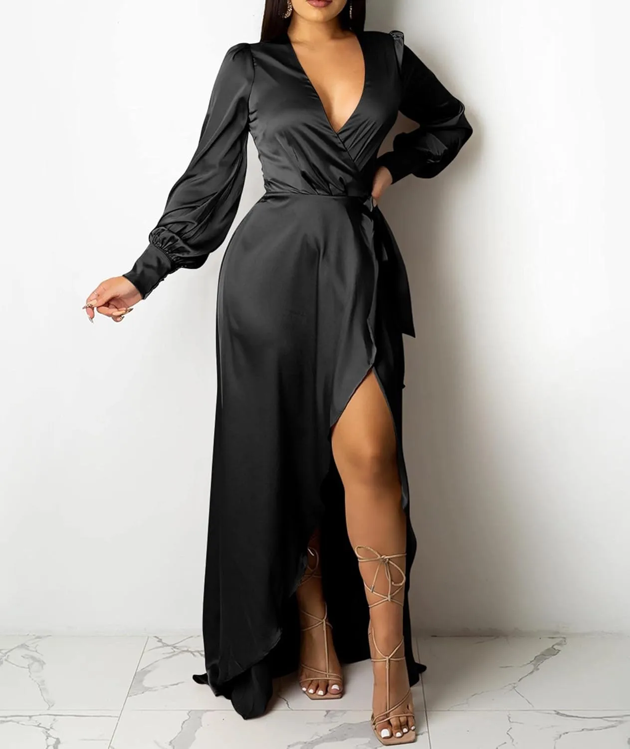 SEMATOMALA Women's Satin Wrap V Neck Puff Long Sleeve Maxi High Slit Party Dress Elegant Irregular Cocktail Evening Gown