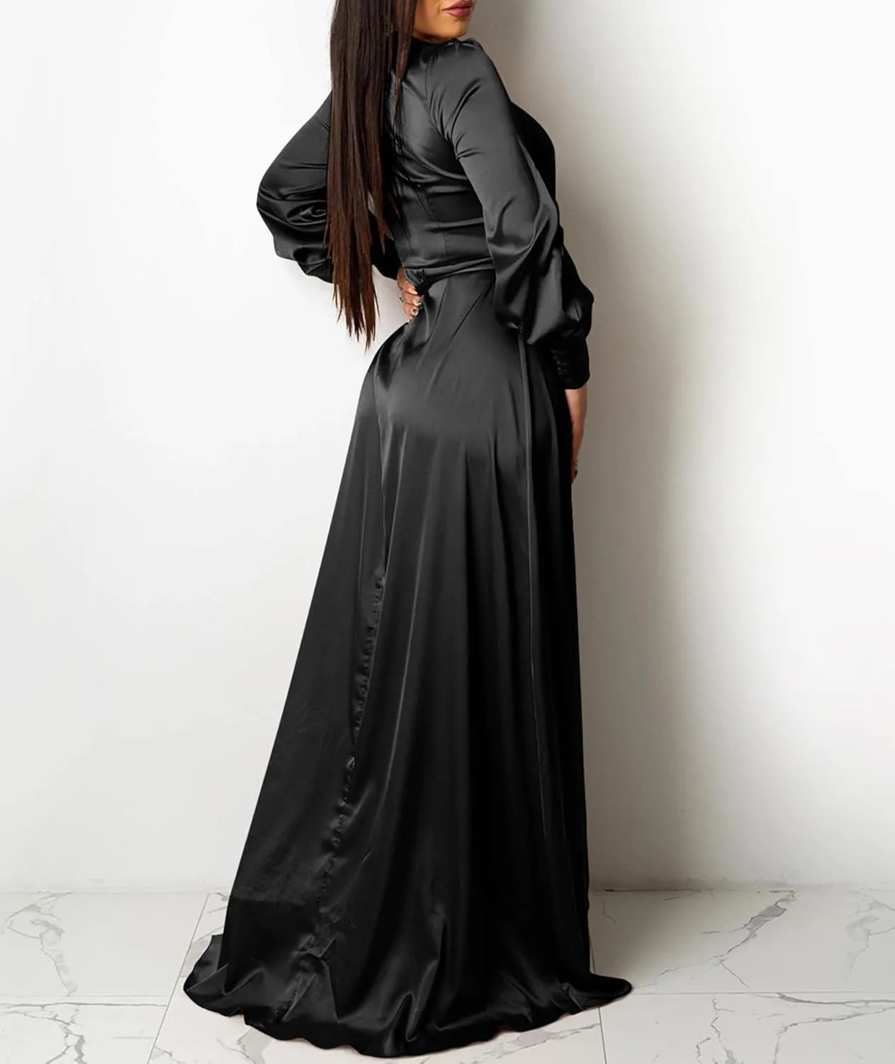 SEMATOMALA Women's Satin Wrap V Neck Puff Long Sleeve Maxi High Slit Party Dress Elegant Irregular Cocktail Evening Gown