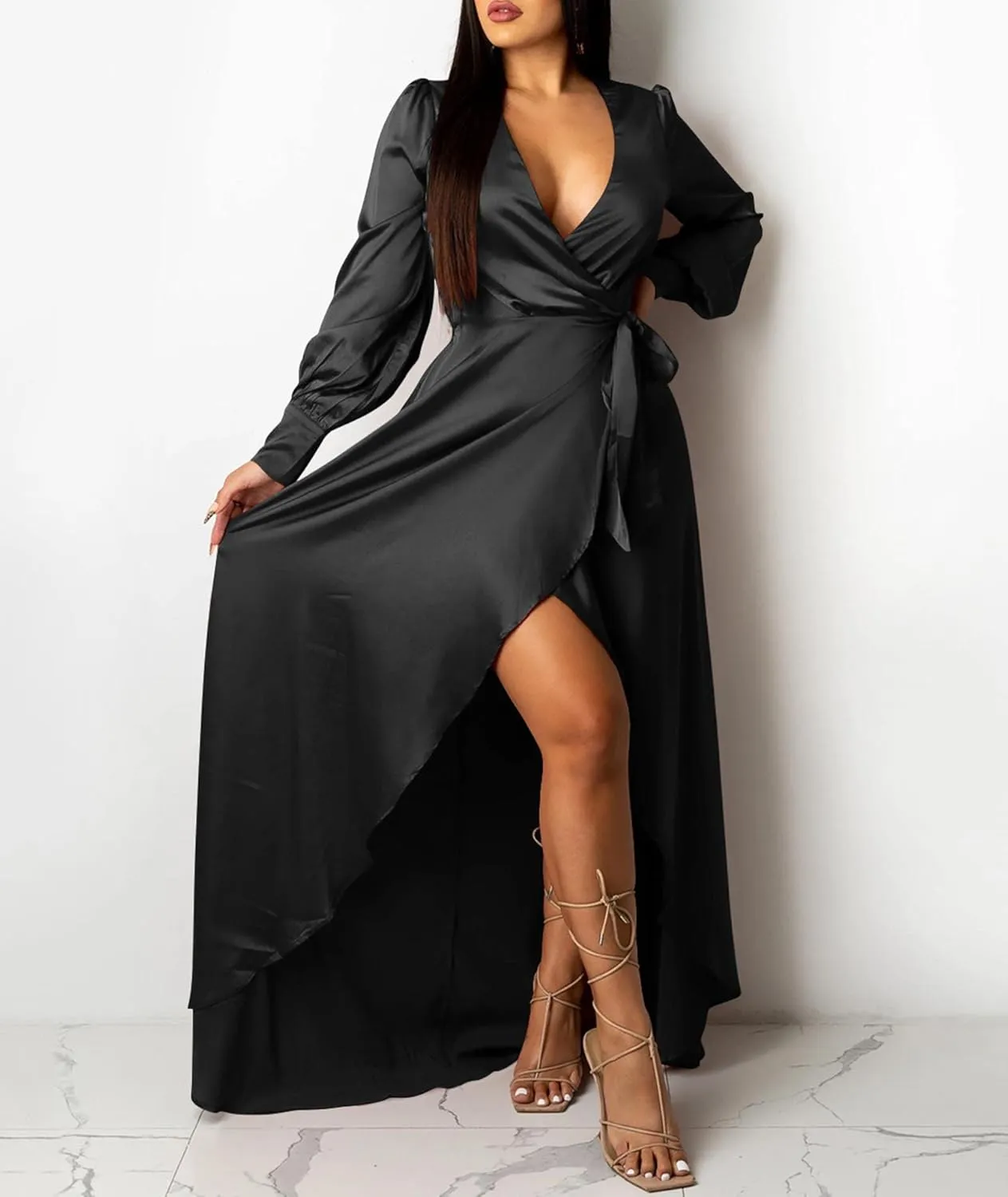 SEMATOMALA Women's Satin Wrap V Neck Puff Long Sleeve Maxi High Slit Party Dress Elegant Irregular Cocktail Evening Gown